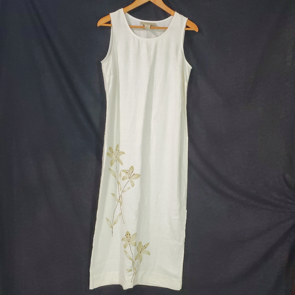 Norton McNaughton Linen Maxi Dress Embroidered Coastal Beach Boho Sleeveless Tie
